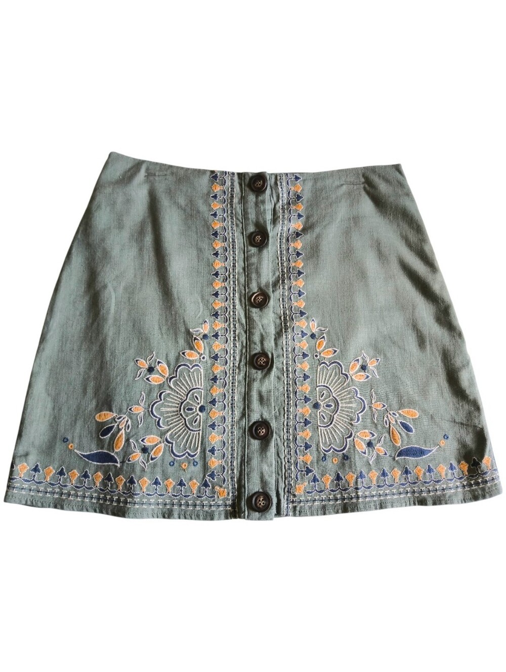 Blue Rain Olive Green Embroidered Floral Button-Front Mini Skirt